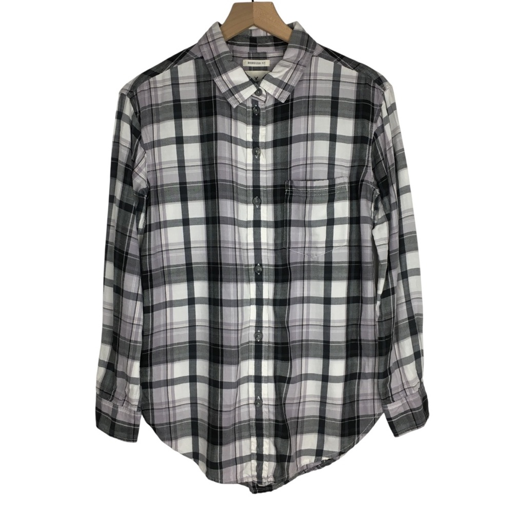 AMERICAN EAGLE Flannel Button Down Shirt Oversized Fit Purple Plaid Size Small